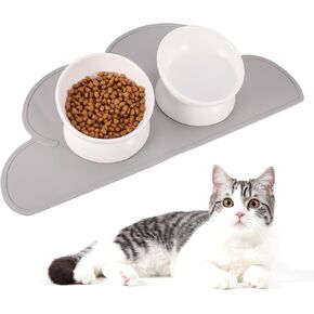 2 Pcs Ceramic Elevated Cat Bowls 15° Ceramic Tilted Cat Bowls with Silicone Non Slip Mat Raised Cat Food Water Bowls Set Anti Vomiting Microwave Dishwasher Safe for Indoor Cats Dogs, White in Kuwait
