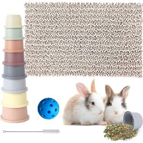 Rabbit Enrichment Toys Set, 8 Pcs Stacking Cups for Rabbits,16"x 24"Snuffle Mat for Bunny, Guinea Pig Foraging Mat, Treatsball for Chinchilla Cage Accessories Supplies,Grey