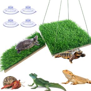 Turtle Resting Basking Platform Simulation Grass Hammocks, Lawn Reptile Climbing Ladder, Hermit Crab Climbing Toy with Suction Cup for Hermit Crab, Turtle, Lizard