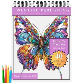 Twenty20 Publishing Butterfly Mandalas Relaxing Coloring Book for Adults and Children, 40 Butterfly Mandala Designs, Thick Artist Paper, Spiral Bound, Gift for Adults to Relax, Anxiety and Depression
