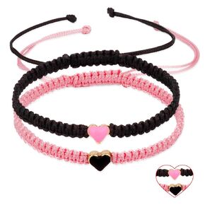 2PCS Colorful Couples Matching Heart Bracelet for Mother Daughter Couples and Friendships Braided String Adjustable Bracelets for Bf Gifts Bracelets for Mother Daughter Women Men Girls(Pink & Black)