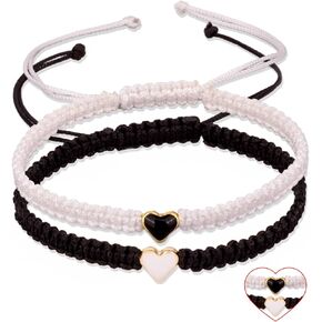 2PCS الأزواج الملونة مطابقة سوار القلب للأزواج ابنة الأم والصداقات مضفر سلسلة أساور قابلة للتعديل لهدايا فرنك بلجيكي أساور للأم ابنة النساء الرجال الفتيات (الوردي والأسود) in Kuwait