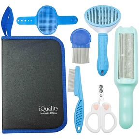 6-in-1 Pet Grooming Kit for Dogs & Cats, Skin Friendly with Self Cleaning Shedding Brush, Hair Remover, Flea Comb, Bath Brush & Paw Cleaner, Blue