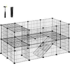SONGMICS Pet Playpen، روضة للحيوانات الصغيرة، قفص خنزير غينيا أرنب، تتضمن روابط مضغوطة، فيلا فاخرة للحيوانات الأليفة من طابقين على شكل شقة من الأسلاك المعدنية للأرانب الجراء، للاستخدام الداخلي، أسود ULPI002B01