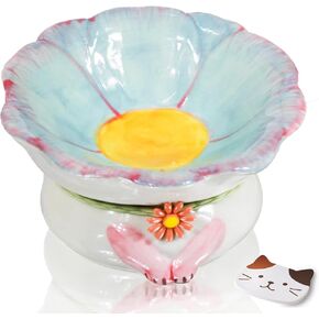 Elevated Ceramic Cat Bowls,Flower Shape Cute Cat Bowls,6''Elevated Cat Food Bowl,Raised Cat Bowls for Indoor Cats,Tilted Cat Food Bowls with Non-Slip Mat,Cat Bowls Whisker Friendly(Blue)