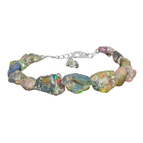 InfinityGemsArt Natural Rock, Raw Black Opal Bracelet, Gemstone Rough Dainty Handmade Jewelry, Birthstone, Healing Stones, Crystals Opa Gift in Rhodium 925 Sterling Silver Chain 8 inch