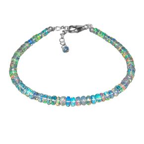 InfinityGemsArt Natural Ethiopian Opal Gemstone Beads Dainty Bracelet for Women, Birthstone, Healing Crystals Jewelry, Rhodium Sterling 925 Silver Chain 8 inch, Jewelry