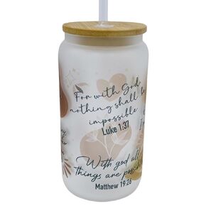 16/20oz Frosted Glass With Bamboo Lid and Plastic Straw - Christian, Religious (Bible Verses #2, 20oz)