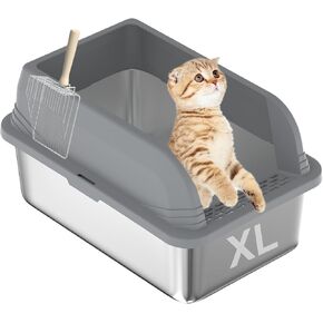 2 Pcs Stainless Steel Cat Litter Box with Lid, Extra Large High Side Cat Litter Box, XL Metal Enclosed Litter Box for Cats, Non-Leaking, Easy to Clean Include Litter Scoop (Grey)