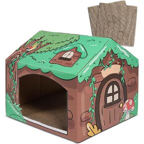 Cardboard Cat House, Indoor Cat Scratch House Combo with Catnip（14" L x 13" W x 12" H）, Cat Scratch Toy for Cat & Small Animals, Hideout Cat Play House