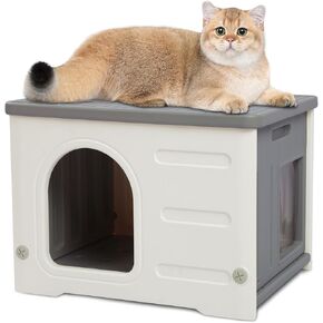 Rockever Plastic Cat House Outdoor with Escape Door, Waterproof Feral Cat House Outdoor Indoor, Sturdy Cat House for Outdoor Cats with Cat Bed Mat, Assemble Easily-Grey