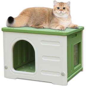 Rockever Plastic Cat House Outdoor with Escape Door, Waterproof Feral Cat House Outdoor Indoor, Sturdy Cat House for Outdoor Cats with Cat Bed Mat, Assemble Easily-Grey
