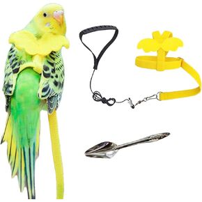 Bird Harness and Leash Kit, Xiapumeth Bird Harness, Cockatiel Leash and Harness, Parakeet Leash and Harness, Small Bird Harness and Leash Parakeet, with Feeding Spoon(Yellow S)