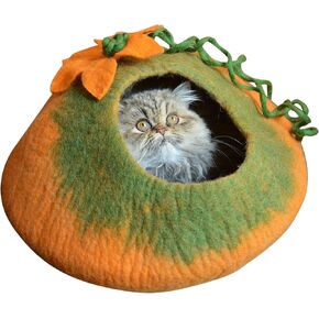Cat Cave Bed, Orange Green Handmade Felted Merino Wool, Large Covered and Cozy, Also Perfect for Kittens, Includes Bonus Catnip, Original Cat Caves, (Radiant Realm)