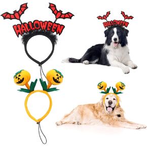 BWOGUE 2 Pack Dog Halloween Headband Pumpkin & Red Bat Halloween Headwear Pet Halloween Costume Accessories for Medium Large Dogs