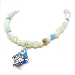 Sea Turtle Sea Glass and Shell Anklet - Beach Jewelry - Ankle Bracelet - Birthday Gifts for Mom