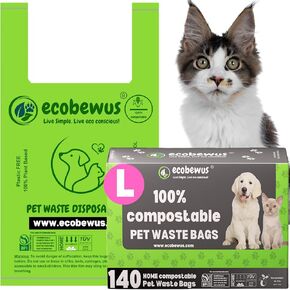 Pet Waste Disposal Bag 100% Compostable Plant-Based Biodegradable Cat Litter Poop Waste Pick-Up Bags with Handles Dog poop Bags Disposable Compost Bags Food Scrap Bags (140 Count)
