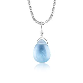 Natural Blue Aquamarine - Sea Stone - Soothing & Calm Gemstone Plain Pear Crystals Dainty Pendant Necklace Jewelry, Birthstone, Chakra - Energy Healing Stones, Silver Plated Chain 18 inch