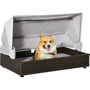 PawHut Rattan Dog Bed, Elevated Pet Sofa, Wicker Cat House, Indoor/Outdoor Use, for Garden Patio with Foldable Canopy, for Small or Medium-Sized Pets, Coffee