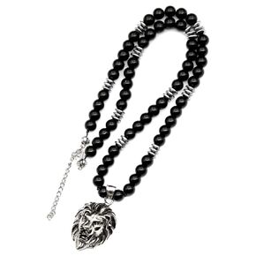 ElisaJewelryArt - Stainless Steel Lion Pendant Natural Black Onyx Beaded Necklace Genuine Gemstone Healing Stone Clasp Closure Necklace Unisex Necklace (22, Black Onyx)