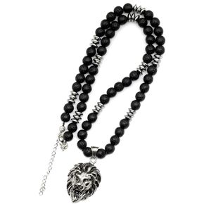 ElisaJewelryArt - Stainless Steel Lion Pendant Natural Black Onyx Beaded Necklace Genuine Gemstone Healing Stone Clasp Closure Necklace Unisex Necklace (22, Black Onyx)
