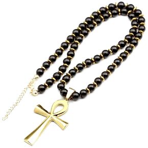 ElisaJewelryArt - Ankh Cross & Natural Black Onyx Gemstone Energy Necklace Gift For Him Gift For Her Christmas Gift Father's Day Gift Luck Necklace (18, Onyx)