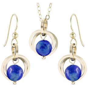 Blue Lapis Lazuli Real Gemstone 14K Gold-Filled Pendant Necklace and Dangle Earrings Jewelry Gift Set for Women - 18 Inches