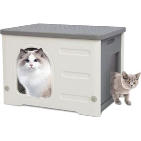 Deblue Plastic Cat House for Indoor & Outdoor, Waterproof Feral Cat House with Escape Door, Sturdy Pet Shelter for Cats, Puppy, Rabbit, Easy to Assemble and Clean-Grey