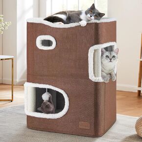 YITAHOME 2-Tier Cat House, Indoor Cat Cave Bed Playhouse, Cat Tunnels with Scratch Pad and Hideaway Cube, Cute Modern Cat Condo Furniture for Multi Small Cats, Classic (Brown)