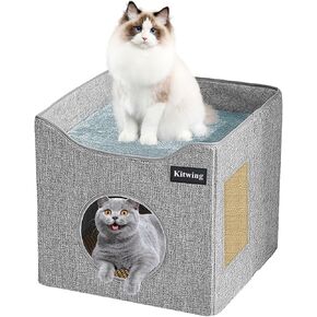 Cat Bed for Indoor Cats, Foldable Cat Hideaway Double Decker Cat House with Scratch Plate, Removable Cat Stuff and Washable Cat Cave for 1-2 Cats, 15.4x15.4x14.2 inches, Grey in Kuwait