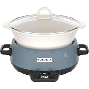 Magnifique 5 Quart Slow Cooker Round Manual Pot Food Warmer with 3 Cooking Settings, Stainless Steel Black and White Ceramic pot