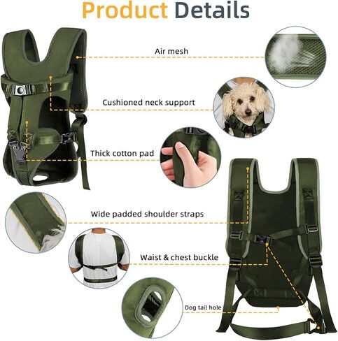 Dog Front Carrier Backpack, Dog Backpack Carrier Soft Pad, Pet Legs Out, Easy-Fit Dog Front Carrier for Small Medium Puppy, Hands Free Dog Carrier Adjustable for Cycling Hiking (Army Green, S) in Saudi Arabia