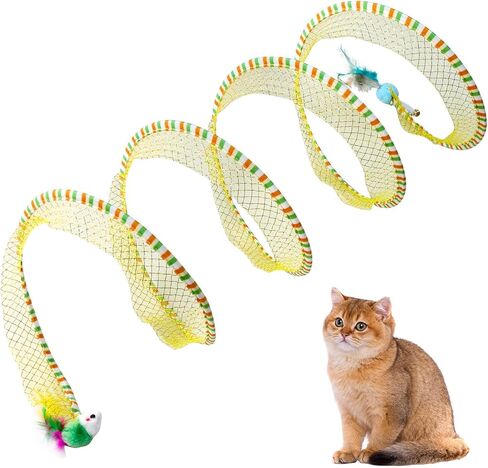 نفق قطط قابل للطي للقطط الداخلية، لعبة قطط قابلة للطي نفق حلزوني مع ريش وفئران ألعاب تفاعلية للقطط نفق زنبركي لتمارين القطط للقطط الداخلية والجرو (أصفر) in Kuwait