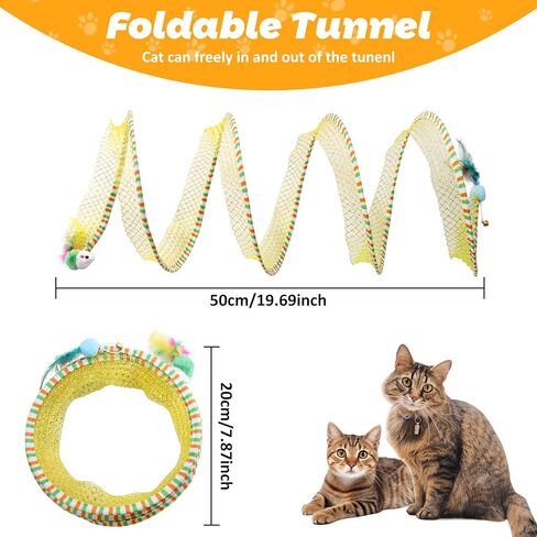نفق قطط قابل للطي للقطط الداخلية، لعبة قطط قابلة للطي نفق حلزوني مع ريش وفئران ألعاب تفاعلية للقطط نفق زنبركي لتمارين القطط للقطط الداخلية والجرو (أصفر) in Kuwait