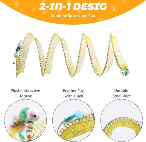 نفق قطط قابل للطي للقطط الداخلية، لعبة قطط قابلة للطي نفق حلزوني مع ريش وفئران ألعاب تفاعلية للقطط نفق زنبركي لتمارين القطط للقطط الداخلية والجرو (أصفر) in Kuwait