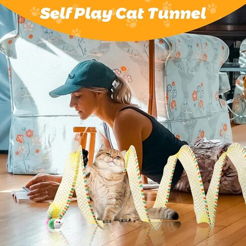 نفق قطط قابل للطي للقطط الداخلية، لعبة قطط قابلة للطي نفق حلزوني مع ريش وفئران ألعاب تفاعلية للقطط نفق زنبركي لتمارين القطط للقطط الداخلية والجرو (أصفر) in Kuwait
