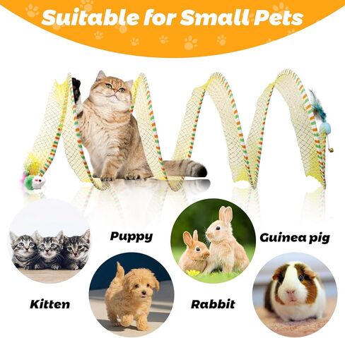 نفق قطط قابل للطي للقطط الداخلية، لعبة قطط قابلة للطي نفق حلزوني مع ريش وفئران ألعاب تفاعلية للقطط نفق زنبركي لتمارين القطط للقطط الداخلية والجرو (أصفر) in Kuwait