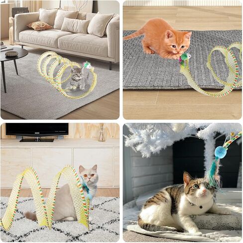 نفق قطط قابل للطي للقطط الداخلية، لعبة قطط قابلة للطي نفق حلزوني مع ريش وفئران ألعاب تفاعلية للقطط نفق زنبركي لتمارين القطط للقطط الداخلية والجرو (أصفر) in Kuwait