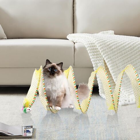 نفق قطط قابل للطي للقطط الداخلية، لعبة قطط قابلة للطي نفق حلزوني مع ريش وفئران ألعاب تفاعلية للقطط نفق زنبركي لتمارين القطط للقطط الداخلية والجرو (أصفر) in Kuwait