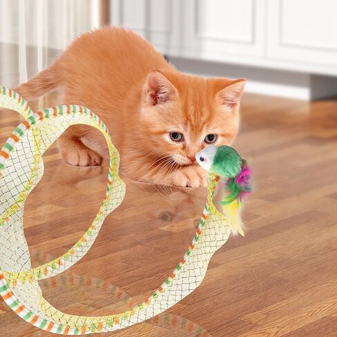 نفق قطط قابل للطي للقطط الداخلية، لعبة قطط قابلة للطي نفق حلزوني مع ريش وفئران ألعاب تفاعلية للقطط نفق زنبركي لتمارين القطط للقطط الداخلية والجرو (أصفر) in Kuwait