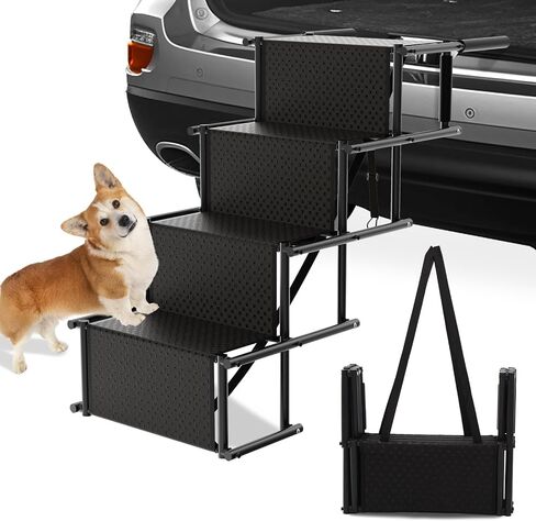 Folding Dog Ramp for Car, Non-Slip Dog Stairs for Small & Large Dogs, Dog Steps Support up to 150 Lbs, Dog Ramp for Car Bed Truck Couch (Tube: Round, Color: Black, Size: 4 Steps) in Kuwait
