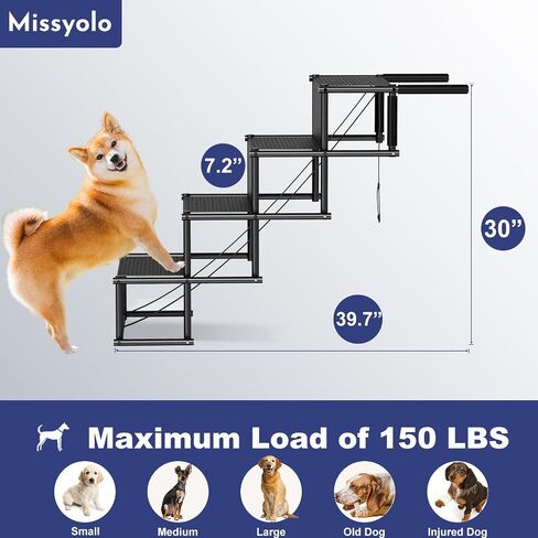 Folding Dog Ramp for Car, Non-Slip Dog Stairs for Small & Large Dogs, Dog Steps Support up to 150 Lbs, Dog Ramp for Car Bed Truck Couch (Tube: Round, Color: Black, Size: 4 Steps) in Kuwait