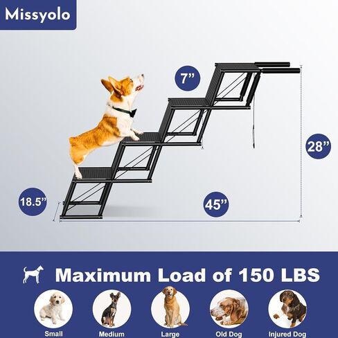 Folding Dog Ramp for Car, Non-Slip Dog Stairs for Small & Large Dogs, Dog Steps Support up to 150 Lbs, Dog Ramp for Car Bed Truck Couch (Tube: Round, Color: Black, Size: 4 Steps) in Kuwait