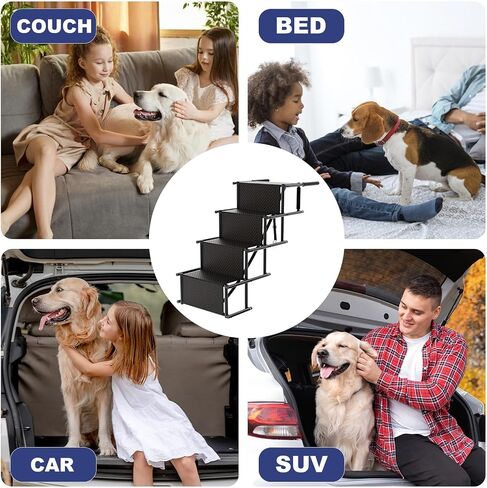 Folding Dog Ramp for Car, Non-Slip Dog Stairs for Small & Large Dogs, Dog Steps Support up to 150 Lbs, Dog Ramp for Car Bed Truck Couch (Tube: Round, Color: Black, Size: 4 Steps) in Kuwait