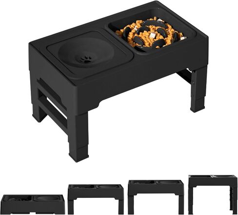 Elevated Dog Bowls - Slow Feeder with No Spill Dog Water Bowl - 4 Height Adjustable Elevated Pet Food Bowls and Water Bowl for Small Medium Large Dogs, Cats (Black No Spill Water Bowl+Slow Feeder) in Saudi Arabia