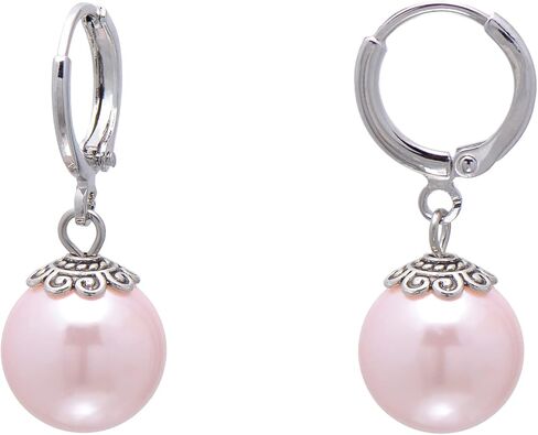 12 MM Shell Pearls Vintage Dangle Hoops Leverback Earrings for Women, Pink Nacre in Saudi Arabia