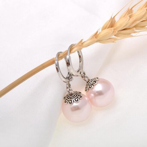 12 MM Shell Pearls Vintage Dangle Hoops Leverback Earrings for Women, Pink Nacre in Saudi Arabia