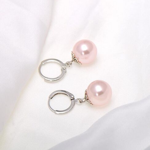 12 MM Shell Pearls Vintage Dangle Hoops Leverback Earrings for Women, Pink Nacre in Saudi Arabia