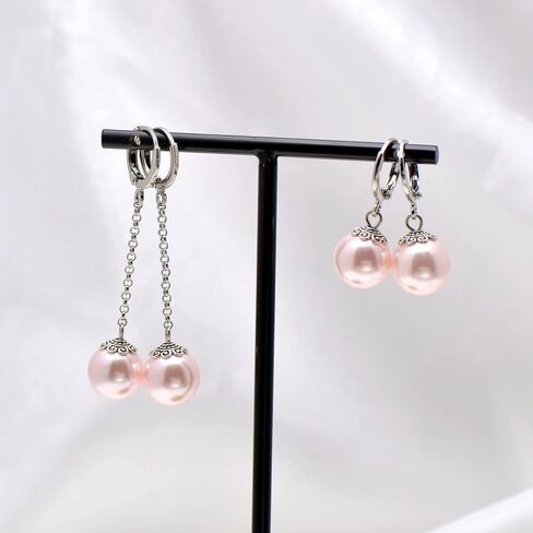 12 MM Shell Pearls Vintage Dangle Hoops Leverback Earrings for Women, Pink Nacre in Saudi Arabia