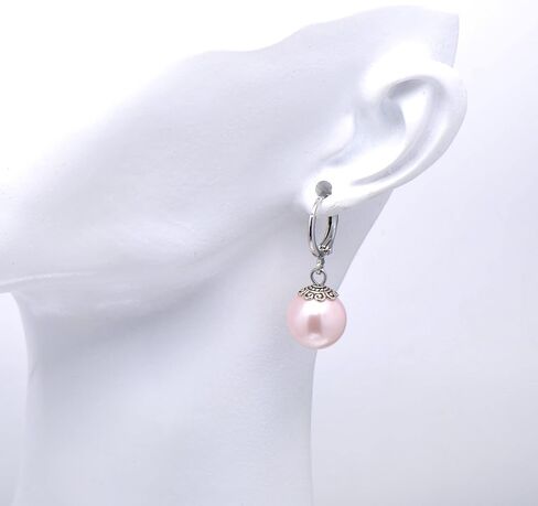 12 MM Shell Pearls Vintage Dangle Hoops Leverback Earrings for Women, Pink Nacre in Saudi Arabia